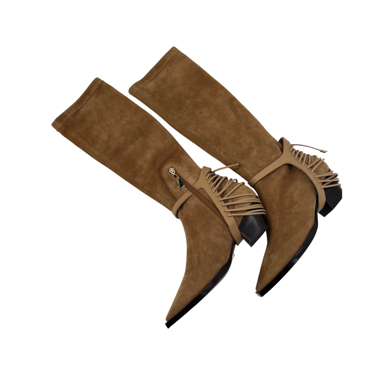 Daniella Shevel Tan Suede Tall Boots Lace Up Heel Harness Pointed Toe Sz 38 Nwot — image 2 of 8